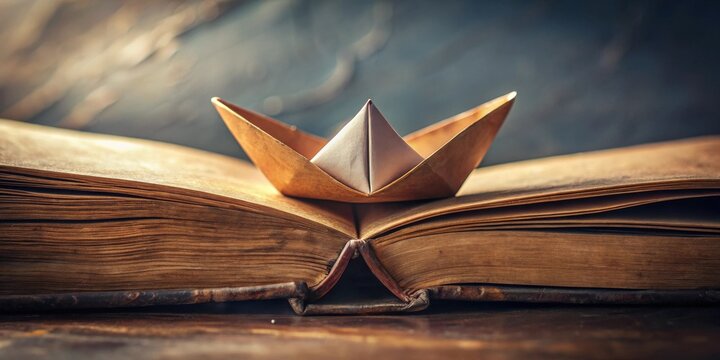A paper boat rests gently upon the aged pages of an antique book, a symbol of voyages into literary worlds and the timeless adventures found within the written word.