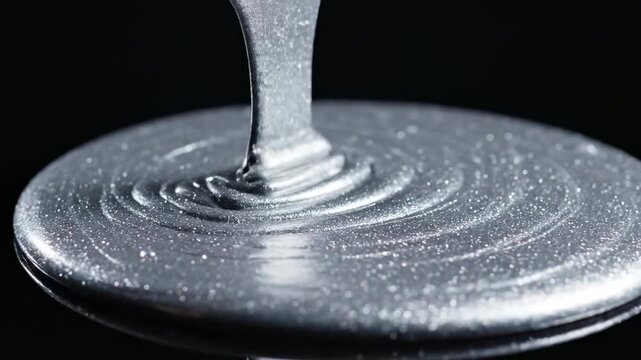 The silver liquid slowly pours and shapes itself on a reflective black surface. It forms smooth lines and curves, creating interesting designs with each movement
