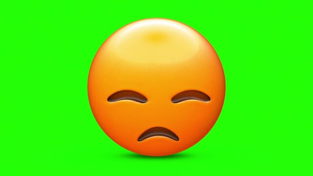 3D Glossy Sad Emoji Character with Downward Curved Eyes, Frowning Mouth, and Editing Crosshair Cursor Extruded Out 4k stock animation video on a green screen for chroma key background.