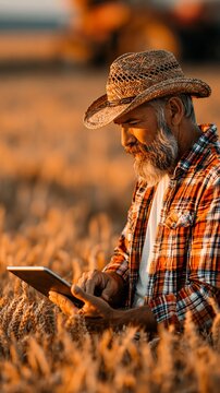 An elderly bearded farmer uses a tablet in a golden wheat field at sunset, with blurred machinery in the background.