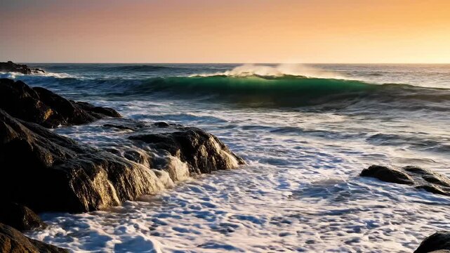 Waves crash against rocks along the shore as the sun sets in the background. The light reflects on the water and rocks. A view of nature's power and beauty is captured