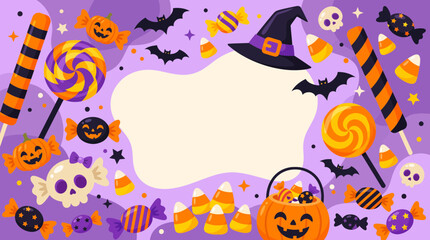 Fototapeta premium Spooky halloween candy frame with pumpkin and witch hat