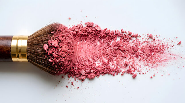 Makeup Brush with Pink Powdered Blush Scattered on White Background, Beauty Cosmetics