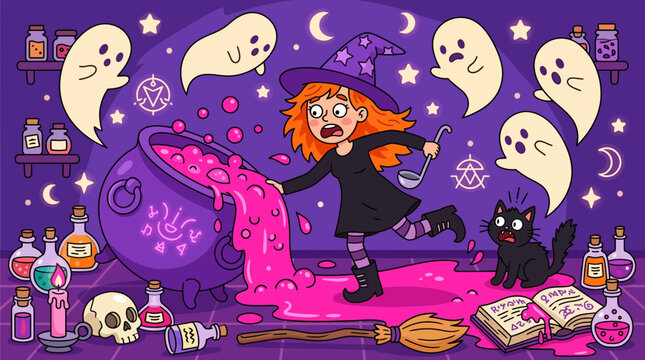 Panicked young witch spilling a bubbling magic cauldron
