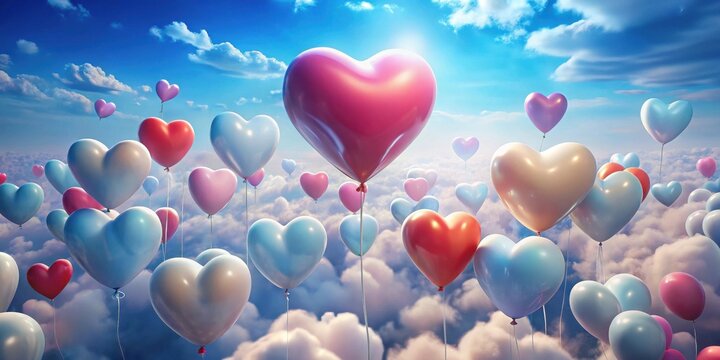 Heart-shaped balloons ascending into a vibrant sky, a whimsical scene of joy and celebration, floating amidst fluffy clouds.