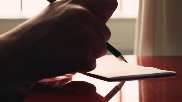 Close-up of a hand writing with a pen on a sheet of paper placed on a desk. Person taking notes, signing documents, or writing ideas in a calm indoor workspace. High quality 4k footage