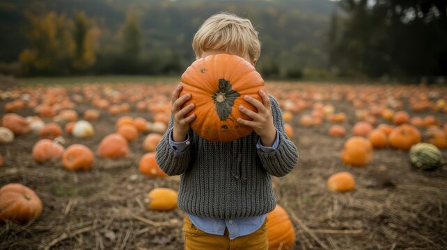 Thanksgiving Little boy holding a large pumpkin in front of his face in a pumpkin patch field USA