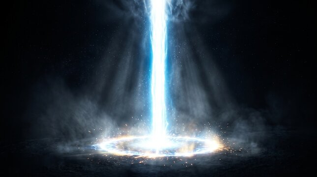 Powerful white-blue vertical beam of light descending from the top into a glowing circular impact point, soft mist around the beam, dramatic volumetric illumination, deep black background