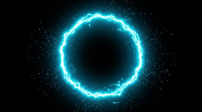 Vibrant electric cyan neon ring floating in darkness, uneven glowing energy edges, subtle sparks and tiny particles escaping from the ring, soft atmospheric bloom, futuristic technology aesthetic, iso