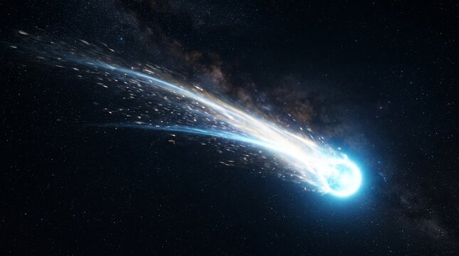 Bright white-blue comet traveling diagonally across a dark space, glowing spherical head with a long curved luminous trail, scattered tiny particles behind it, cinematic motion blur, deep black backgr