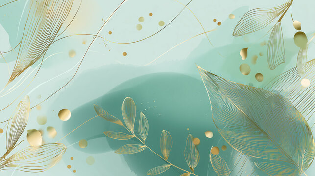 Luxury minimal style wallpaper with golden line art flower and botanical leaves