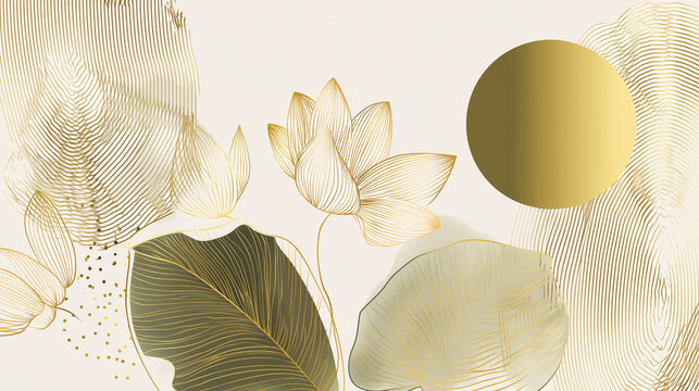 Luxury minimal style wallpaper with golden line art flower and botanical leaves