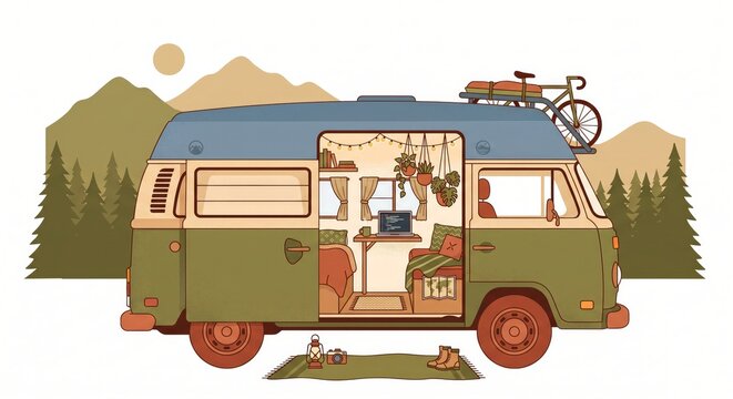 Cozy Van Life Digital Nomad Flat Design Illustration with Camper Van Mountains and Tiny Living Space on White