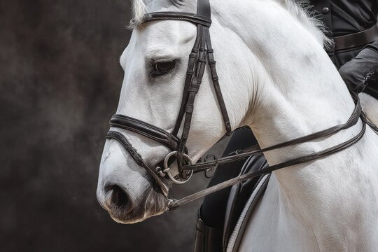Elegant White Horse with Rider in Bridle and Saddle