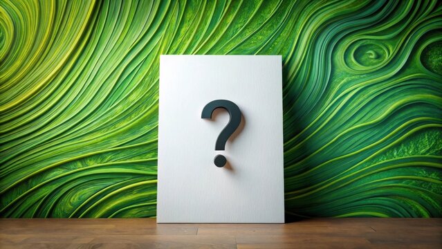 An enigmatic question mark on a white board stands against a vibrant, swirling green background, evoking curiosity and contemplation.