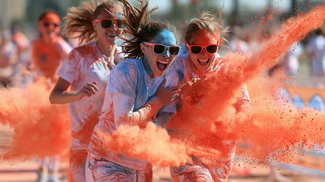 Joyful Women Run Through Bursting Orange Color Powder During Race Day