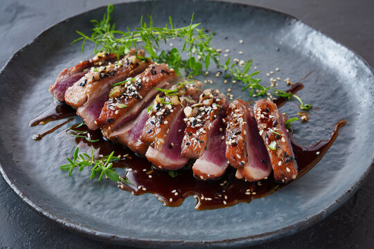 French duck cooked sous-vide in Japanese style with teriyaki sauce