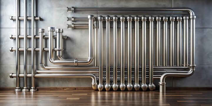 Modern metallic heating system with intricate pipework design installed on a wall