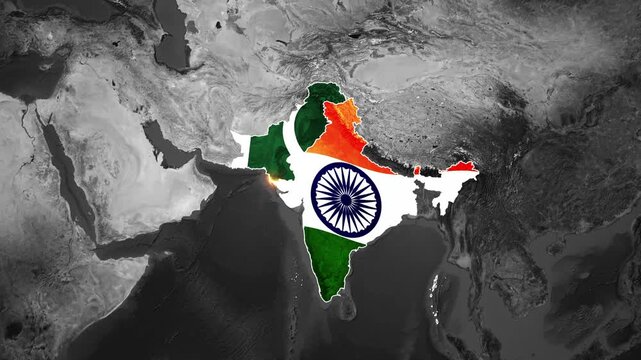 Animated map featuring the national flags of India and Pakistan separated by a glowing fiery border