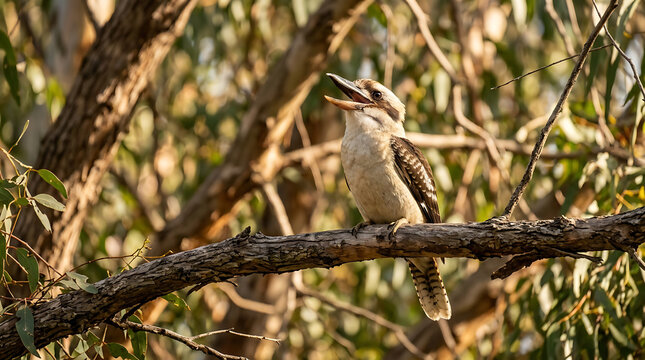 A Kookaburra Perched on a Tree Branch, Vocalizing in its Natural Habitat
