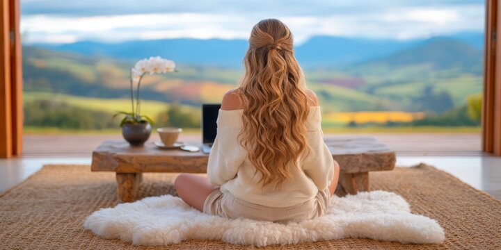 Woman sitting peacefully inside a cozy home while looking toward a scenic mountain valley through a large window, with a laptop and coffee nearby.