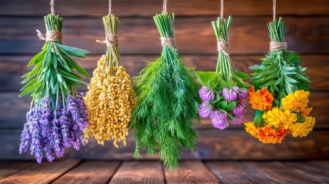 Colorful bundles of wildflowers and herbs hanging from a rustic wooden branch, illuminated by natural sunlight in a charming farmhouse setting.