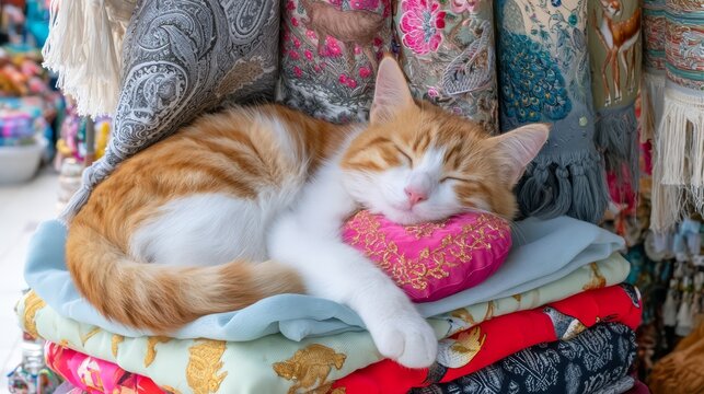 Fluffy ginger and white tabby cat sleeping peacefully on colorful folded fabrics at a textile market, surrounded by patterned traditional textiles.