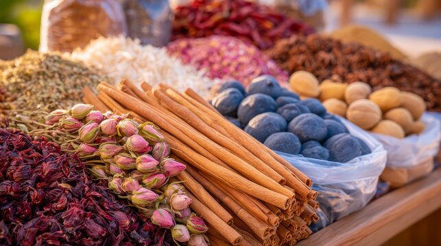 Colorful dried rosebuds, hibiscus, cinnamon, star anise and herbs arranged in wooden containers at a vibrant traditional spice market.