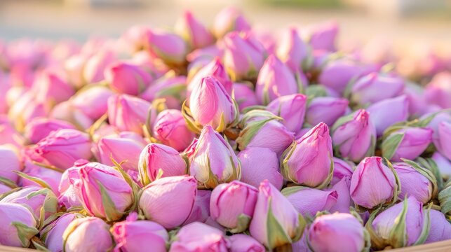 Close-up of vibrant dried pink rosebuds arranged densely together, highlighting delicate petals, natural textures, herbal qualities and romantic floral beauty in soft warm light.