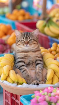 Relaxed tabby cat sitting among bananas and colorful produce at a vibrant outdoor market, creating a playful and charming food market scene.