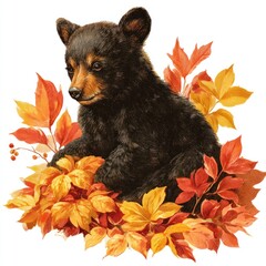 Obraz premium Cute bear cub with autumn leaves in watercolor style