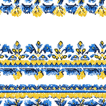 Ukrainian blue and yellow cross border, seamless folk embroidery ribbon vector, Independence day of Ukraine
