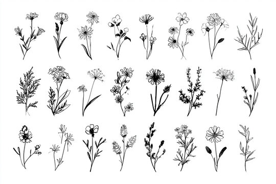 Sketch wildflowers and herbs nature botanical elements