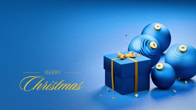 Christmas present box and christmas baubles in blue on blue background. Star confetti falling down. English language Merry Christmas message appearing and dissolving.