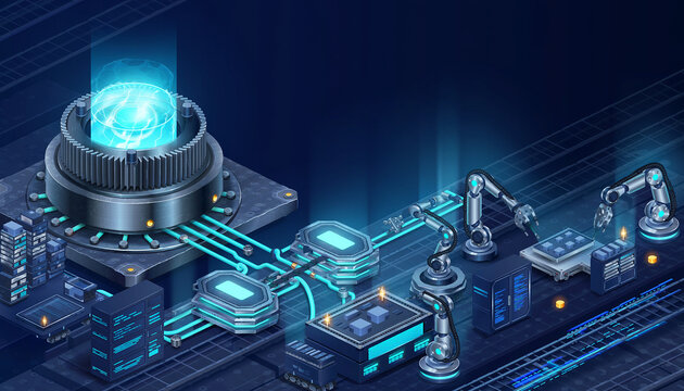 Advanced Smart Factory Automation: Robotic Arm Assembly Lines, High-Tech Industrial Manufacturing, and Futuristic Digital Processing Control Systems