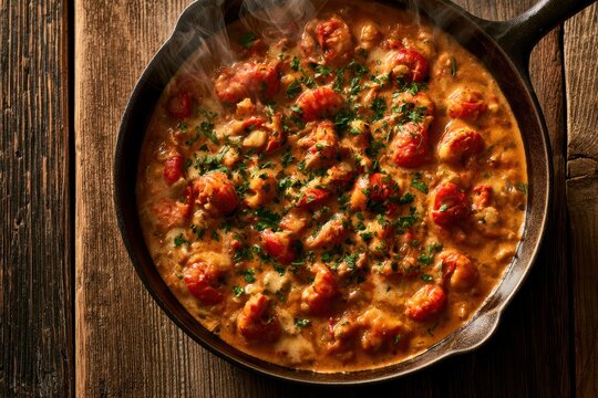 Savory crawfish etouffee in a cast iron skillet with blond roux, warm kitchen lighting