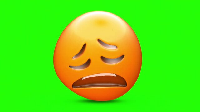 3D Glossy Weary Emoji Character with Downturned Sad Mouth, Worried Eyebrows, and Closed Eyes Extruded Out 4k stock animation video on a green screen for chroma key background.