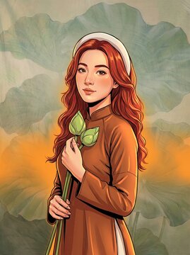 An elegant digital portrait of a young woman with long red hair wearing a traditional brown Vietnamese dress and headband while holding green lotus buds.

