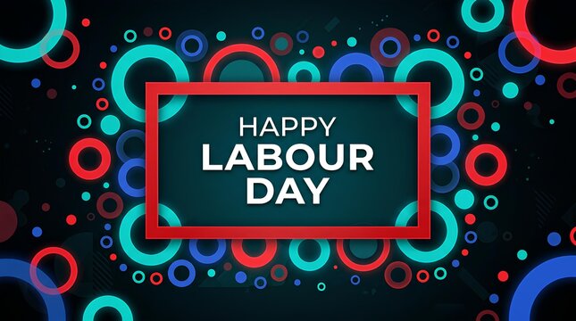 Happy Labour Day typography in red frame with neon circles on dark background.