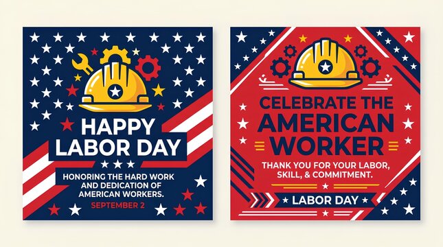 Labor Day greeting card set featuring hard hat and American flag design for social media