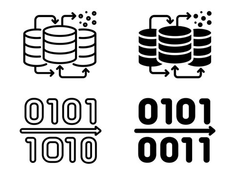 Data processing and binary code vector icon set with processing