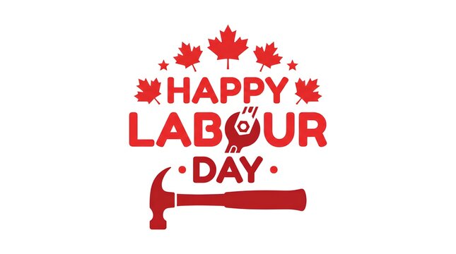 Red Happy Labour Day typography with maple leaves and hammer on white background