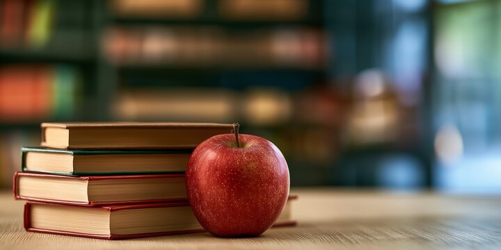 Back to school concept with shopping, books, and an apple on a wooden desk