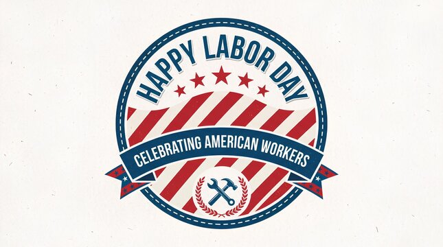 Patriotic Labor Day emblem with stars stripes and crossed tools.