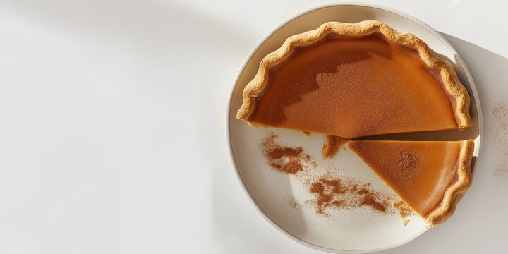 Aesthetic pumpkin pie on a light minimal background, perfect for autumn