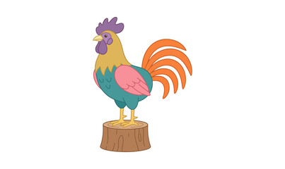 Proud Colorful Rooster Standing on Wooden Stump Illustration On PNG Backgroun, rooster, chicken, bird, farm, animal, colorful, vibrant, plumage, feathers, comb, wattle, tail, wings,  © TalalAhmad