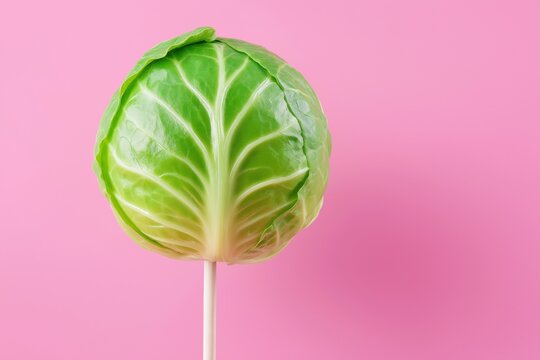 Green head cabbage on a stick, looking like candy, isolated on pink background