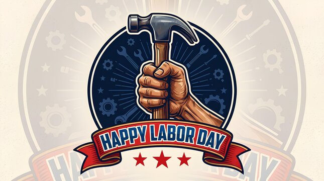 Vintage Labor Day emblem with hand holding hammer.