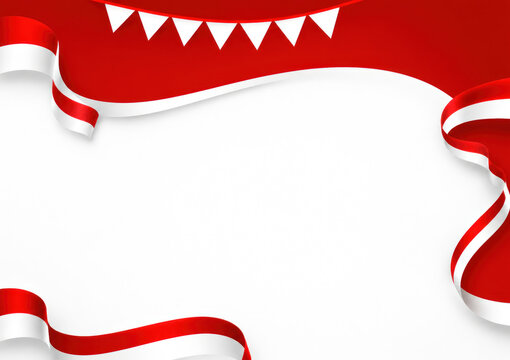 Red White Holiday Frame Background with Curved Ribbon Decoration
