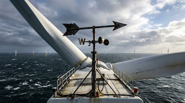 Weather vane on an offshore wind turbine measures wind direction against a cloudy sky and sea